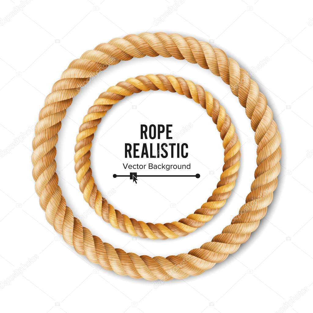 Realistic Rope Vector. 3D Circular Rope Isolated On White Background. Illustration Of Twisted Nautical Thick Line. Graphic String Cord With Soft Shadow.