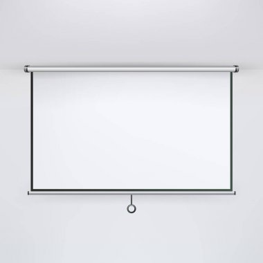Toplantı projektörü ekran vektör. Projeksiyon perdesi üzerinde beyaz izole asılı. Boş sunu kurulu, konferans için boş beyaz tahta.