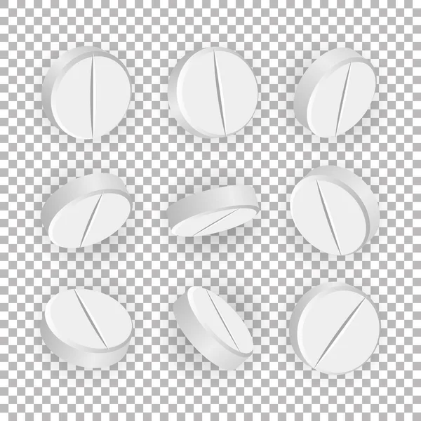 White 3D Medical Pills Or Drugs Illustration vectorielle. Ensemble de comprimés réalistes isolés sur fond à carreaux. Illustration de vitamines et analgésiques — Image vectorielle