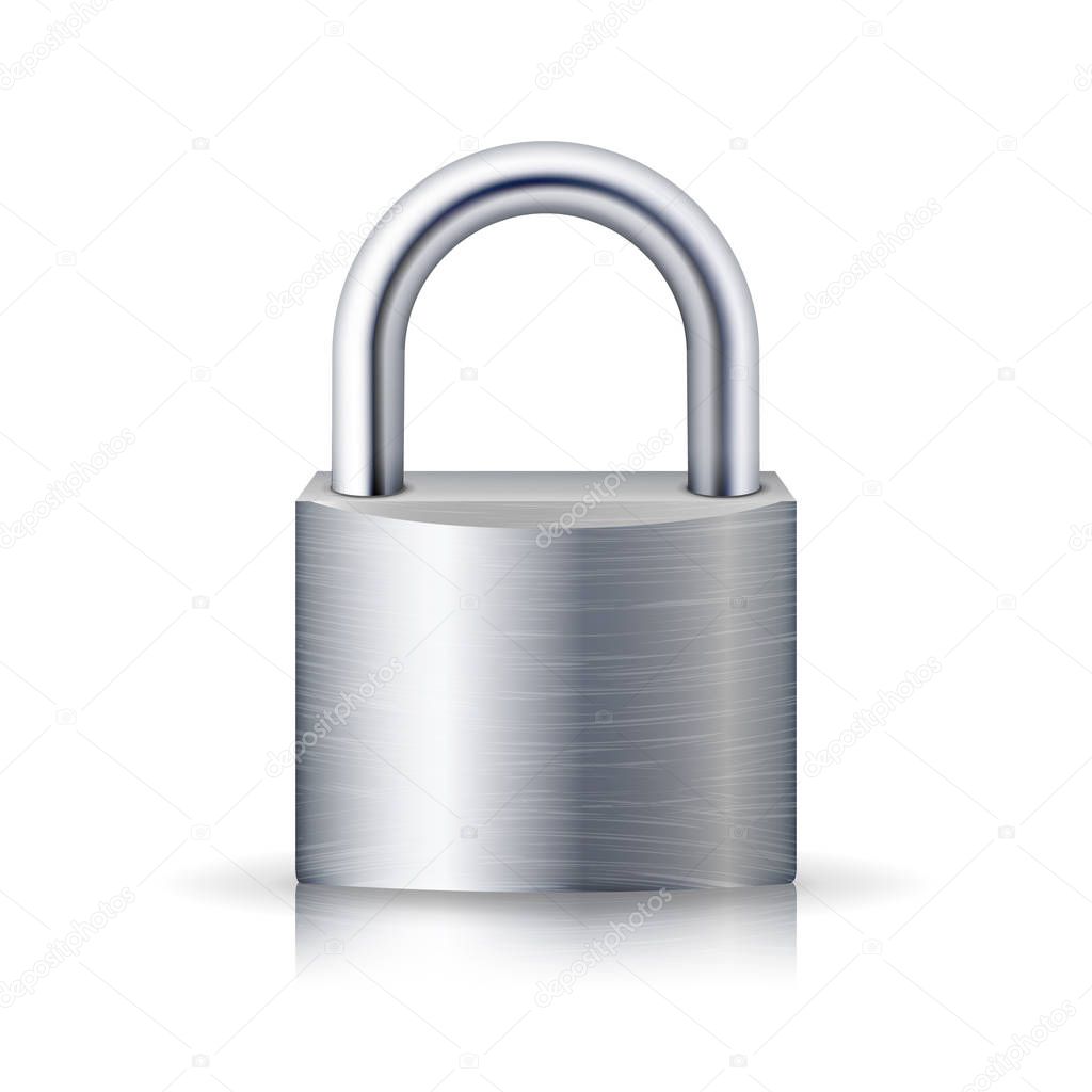 Realistic Closed Padlock Vector. Steel Lock For Protection Privacy Illustration. Isolated On White With Shadow And Reflection