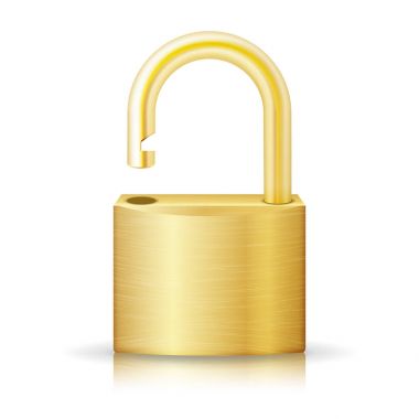 Kilidi kilit güvenlik izole sarı simge üzerine beyaz. Altın gerçekçi koruma gizlilik işareti