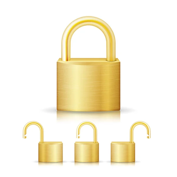 Stängt lås säkerhet guld Ange ikon isolerade på vitt. Realistiska skydd Sekretesspolicy tecken — Stock vektor