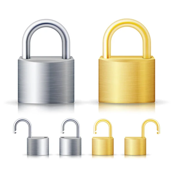 Candado bloqueado y desbloqueado Realistic Set Illustration. Oro y acero. Concepto de seguridad. Cerradura de metal para seguridad y privacidad — Vector de stock