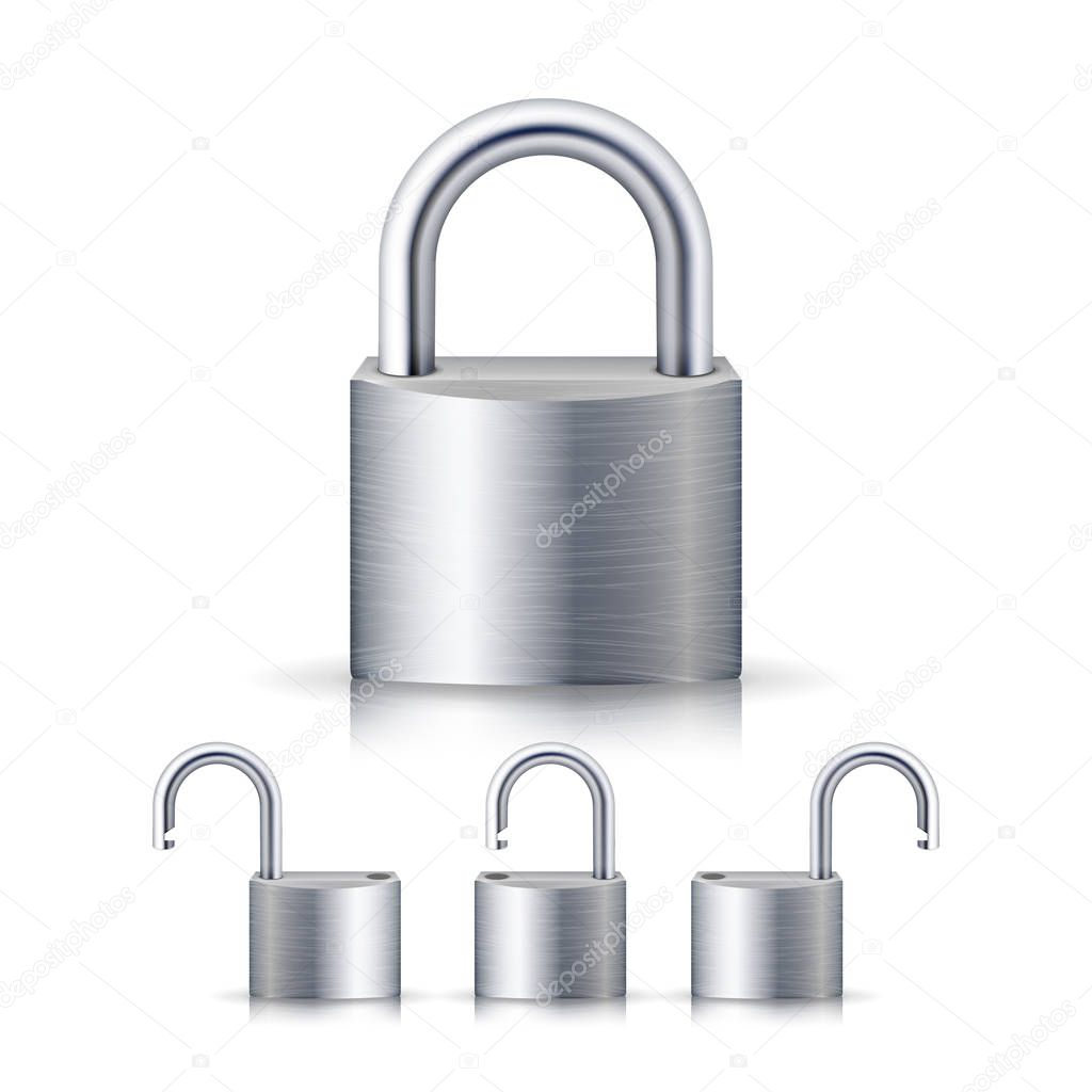 Realistic Open And Closed Silver Padlocks Set. Isolated On White