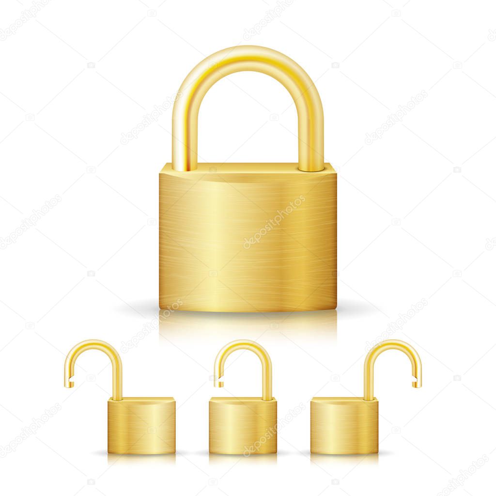 Closed Lock Security Gold Set Icon Isolated On White. Realistic Protection Privacy Sign