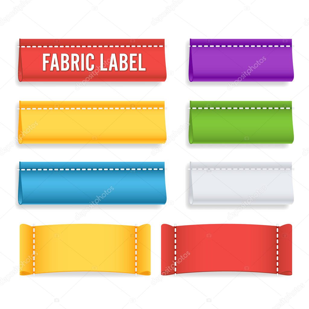 Color Label Fabric Blank Vector. Realistic Set Bright Blank Fabric Labels Or Badges With Stitching.