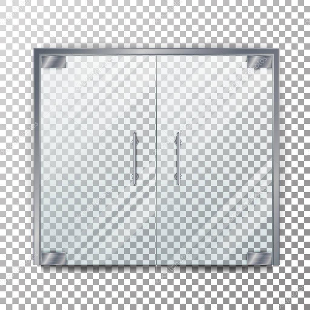 Glass Door Transparent Vector. Clear Glass Door Isolated On Transparent Checkered Background. Mock Up Entrance Door For Shop Or Fashion Boutique.