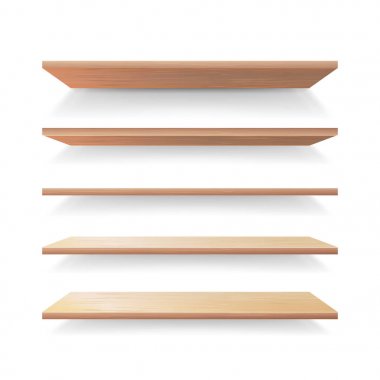 Şablon vektör kümesi boş ahşap raflar. Gerçekçi 3d perakende mağaza ahşap raflar izole ayarla