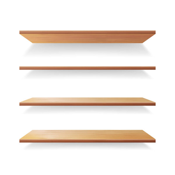 Empty Wood Shelves Template Vector Set. Isolated On White Background With Shadow