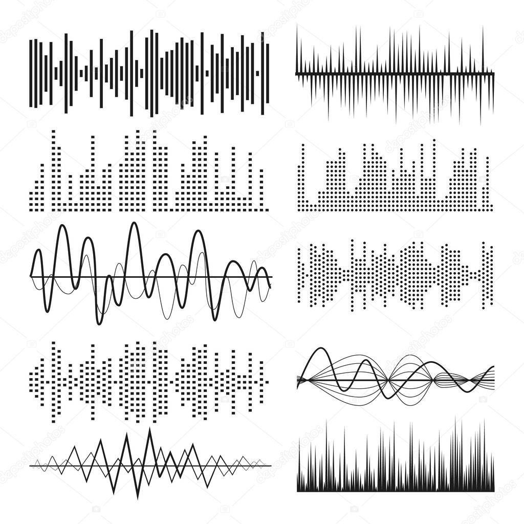 Music Sound Waves Pulse Abstract Vector. Audio Technology Musical Pulse Or Sound Charts. Equalizer Play Sound Waves
