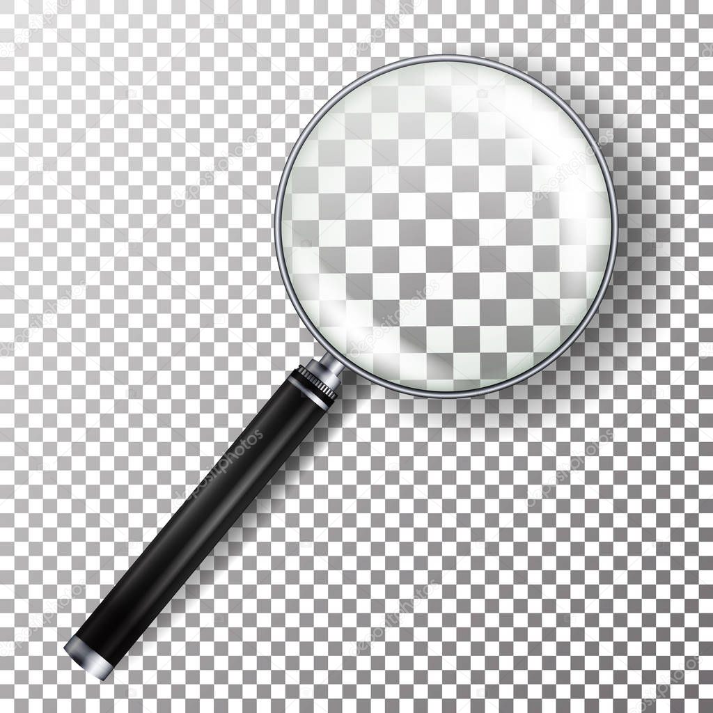 Realistic Magnifying Glass Vector. Isolated On Checkered Background Illustration. Magnifying Glass Object For Zoom And Tool With Lens For Magnifying