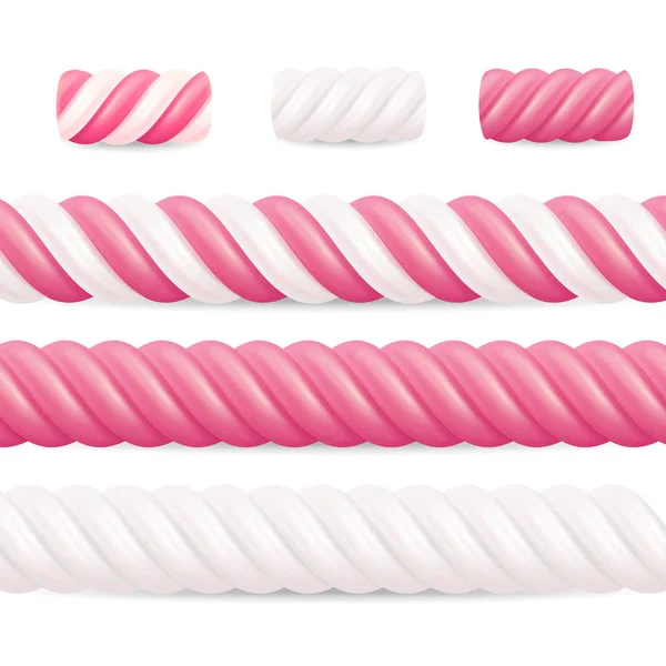 Realistische Marshmallow Süßigkeiten Vektor. Set bunte verdrehte Marshmallows — Stockvektor