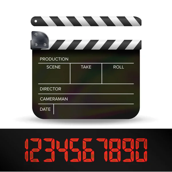 Srdce zvonu Board vektor. Digitální Film filmové klapky deska s červenými čísly digitální. — Stockový vektor