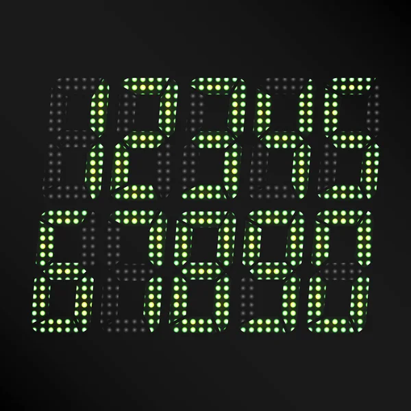 Vector digital de números brillantes. Conjunto de números verdes digitales sobre fondo negro. Símbolo clásico del tiempo. Reloj Retro, Conde, Pantalla y Electrónica — Archivo Imágenes Vectoriales