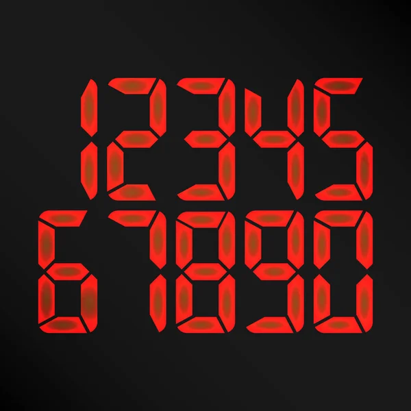 Vector digital de números brillantes. Números rojos sobre fondo negro. Reloj etro, Conde, Pantalla LCD y Electrónica — Vector de stock