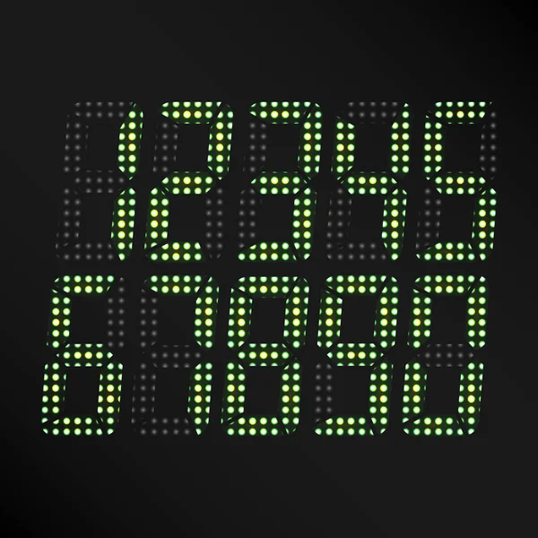 Numéros lumineux numériques vecteur. Ensemble de numéros verts numériques sur fond noir. Symbole classique du temps. Rétro Horloge, comptage, affichage et électronique — Image vectorielle