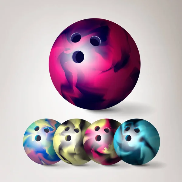 Bowling Ball Vector. Imposta illustrazione realistica 3D. Pallone da bowling colorato con ombra . — Vettoriale Stock