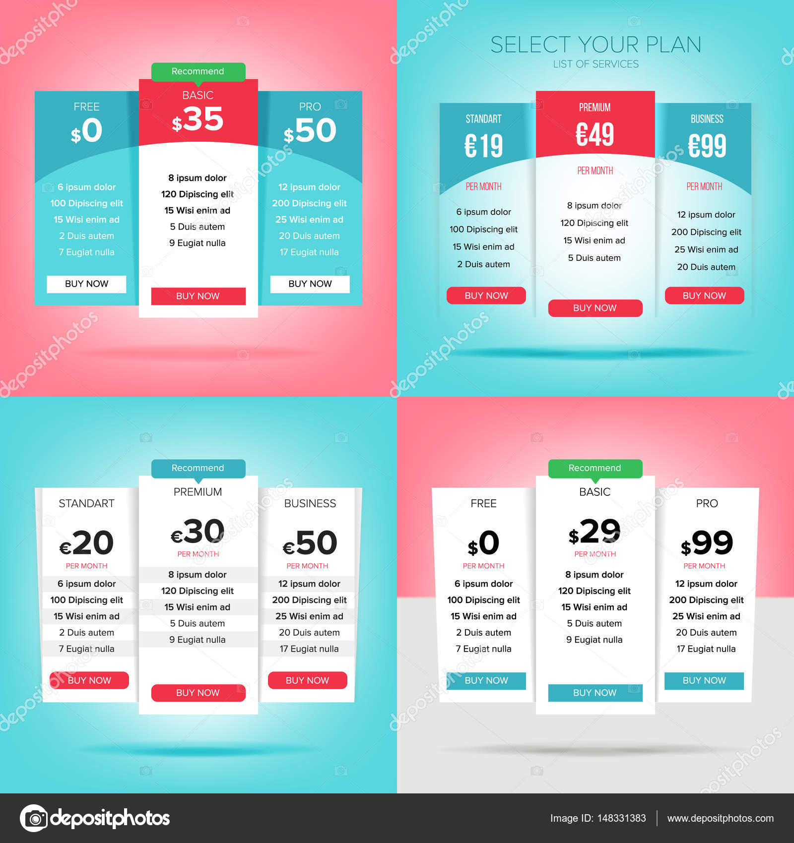 pricing business plans vector set design element for website