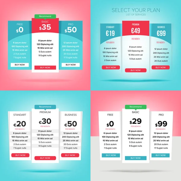 Precios Conjunto de Vectores de Planes de Negocios. Elemento de diseño para el sitio web. Colección de planes de precios para sitios web y aplicaciones. Tabla de alojamiento Banner Ilustración — Vector de stock