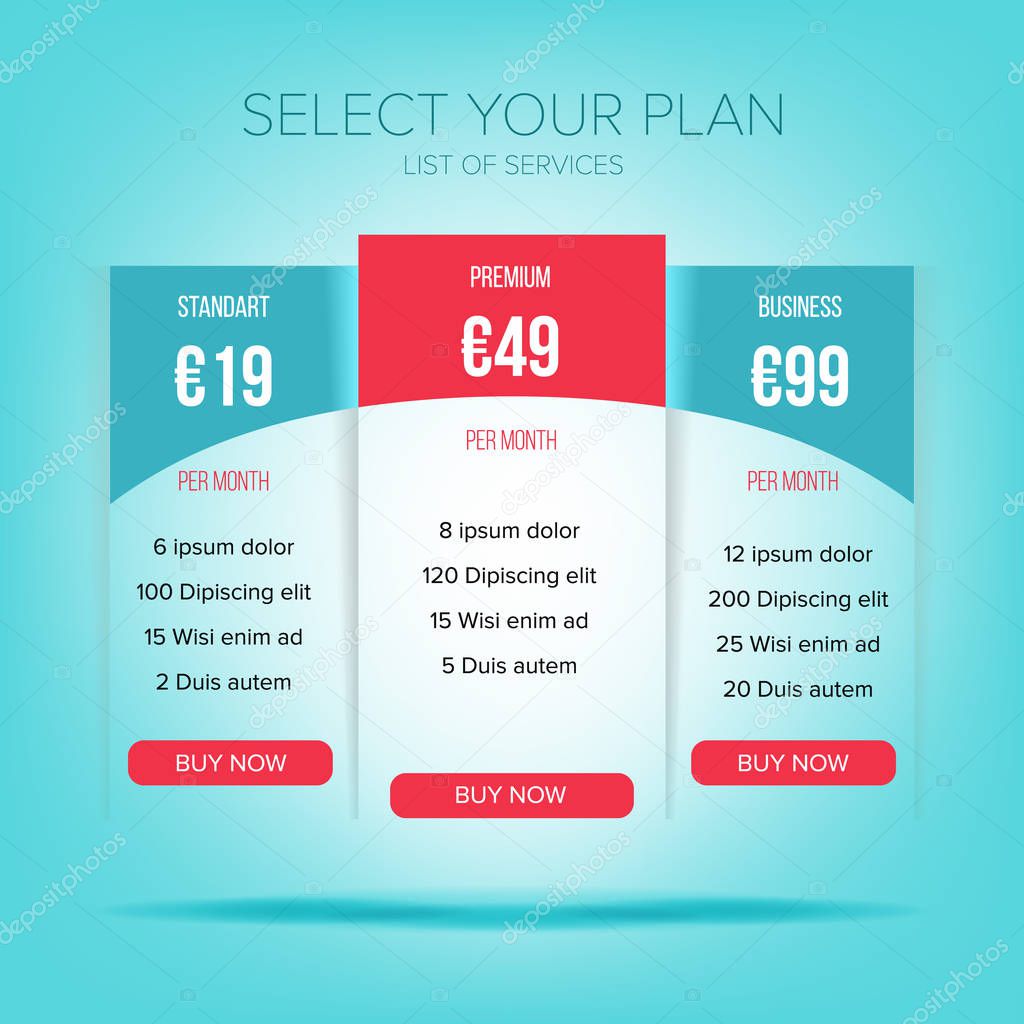 Pricing Business Plans Vector. Contemporary Pricing Business Plans, Data Table Template For Web And Applications. Hosting For Website Tariff illustration