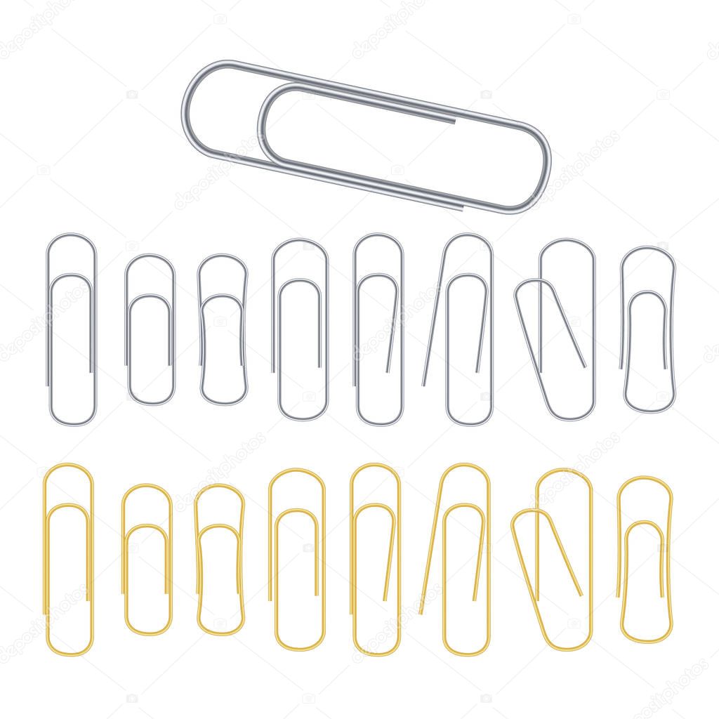 Small Binder Clips Vector Isolated On White. Realistic Paper Clip Set