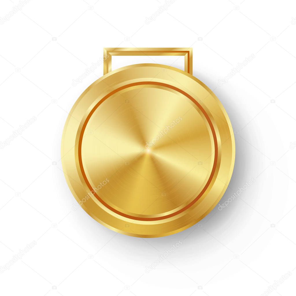 Competition Games Golden Medal Template Vector. Realistic Circle Geometric Badge. Technology Perforated Metal Texture. Gold. Sport Ceremony Design Concept Illustration. Silver Button Medal Blank.