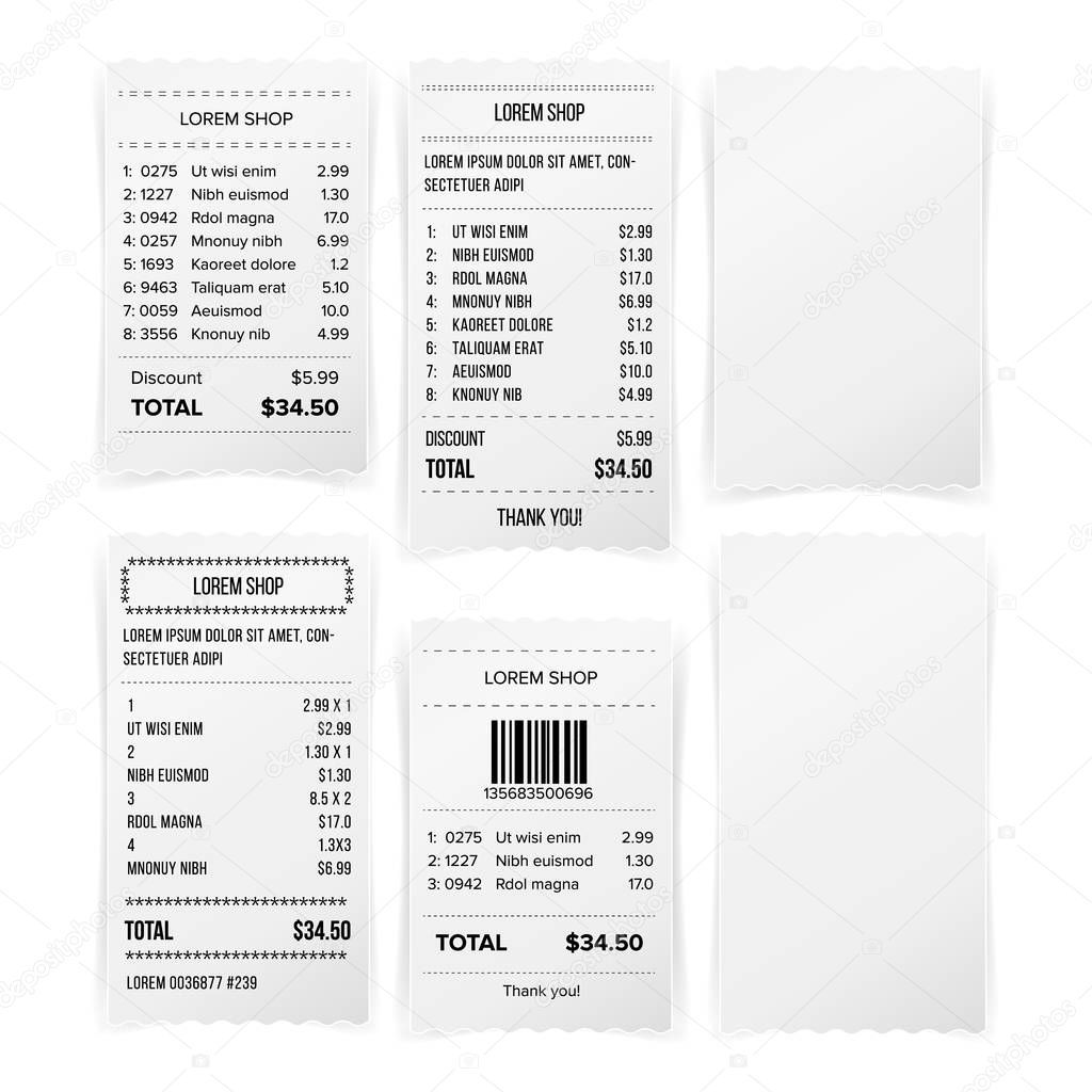 Sales Printed Receipt White Empty Paper Blank Vector. Shopping Paper Bill Atm vector Mock Up. Paper Check And Financial Check Isolated