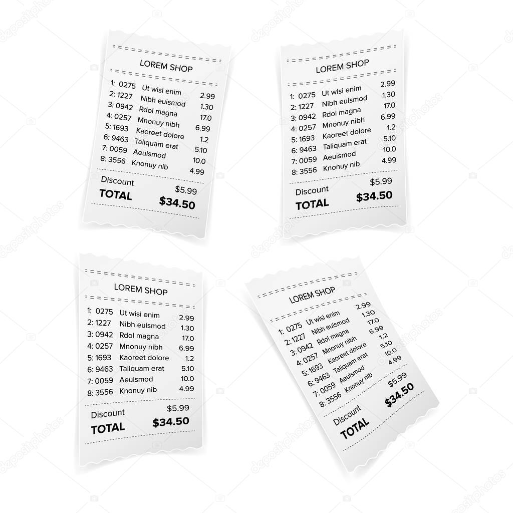 Sales Printed Receipt White Paper Blank Vector. Shop Reciept Or Bill Isolated On White Background. Realistic ATM Check Illustration