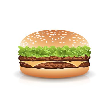 Fast Food gerçekçi Burger vektörü. Beyaz arka plan illüstrasyon izole hamburger Fast Food sandviç amblemi gerçekçi