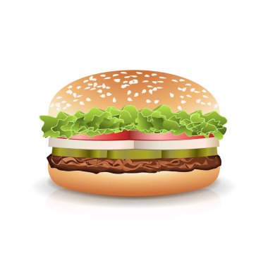 Fast Food gerçekçi Burger vektörü. Beyaz arka plan illüstrasyon izole hamburger Fast Food sandviç amblemi gerçekçi