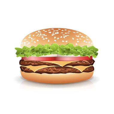 Fast Food gerçekçi Burger vektörü. Et, marul, peynir ve domates ile hamburger simgesi. İzole