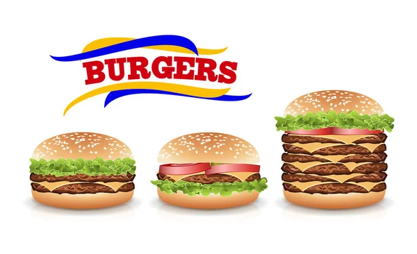 Fast food Realistic Burger Vector. Set Hamburger Fast Food Sandwich emblema realistico isolato su sfondo bianco Illustrazione — Vettoriale Stock