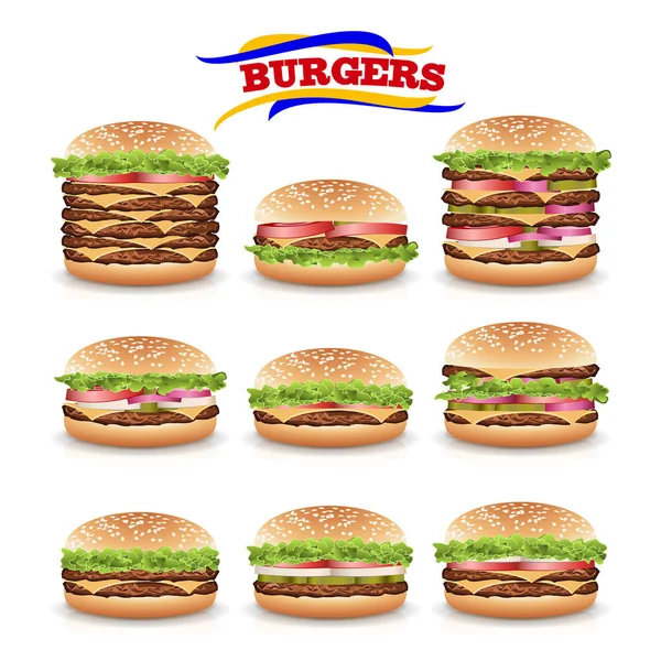 Fast food Realistic Burger Vector. Impostare belle icone realistiche di fast food — Vettoriale Stock