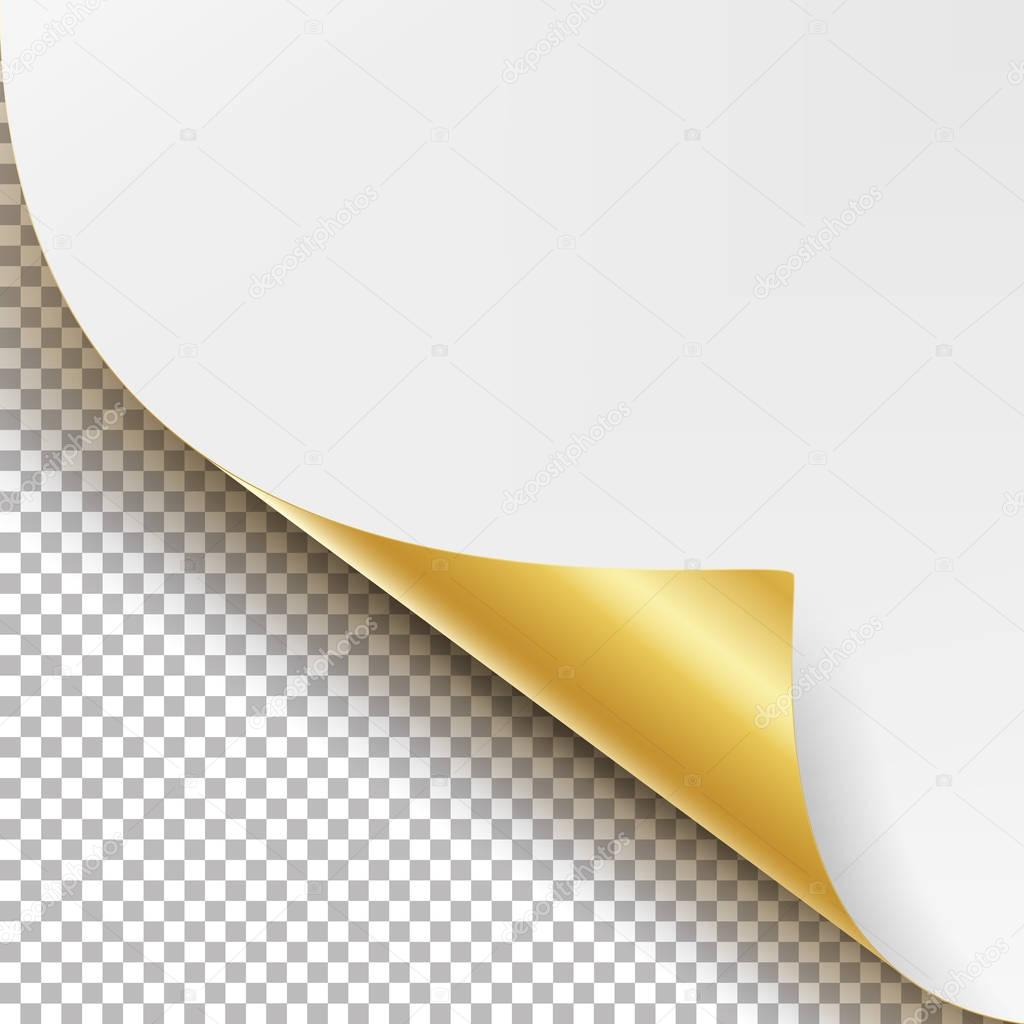 Curled Golden Metalic Corner Vector. White Paper with Shadow Mock up Close up Isolated on Transparent Background