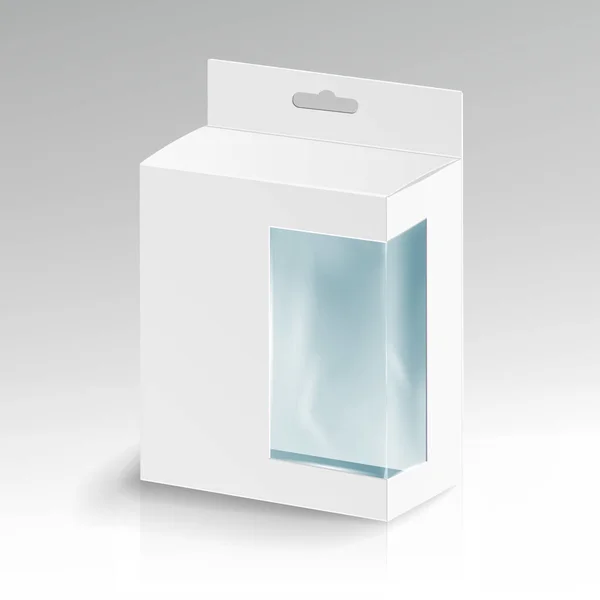 Διάνυσμα λευκό κενό ορθογώνιο χαρτόνι. Κουτί λευκό πακέτο με διαφανές πλαστικό παράθυρο. Συσκευασία προϊόντος — Διανυσματικό Αρχείο