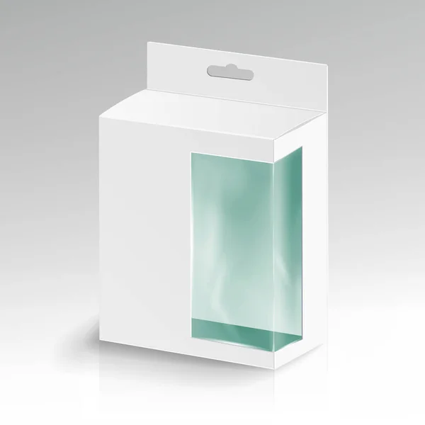 Vetor de retângulo de papelão branco em branco. Caixa de pacote branco com janela de plástico transparente. Embalagem do produto —  Vetores de Stock