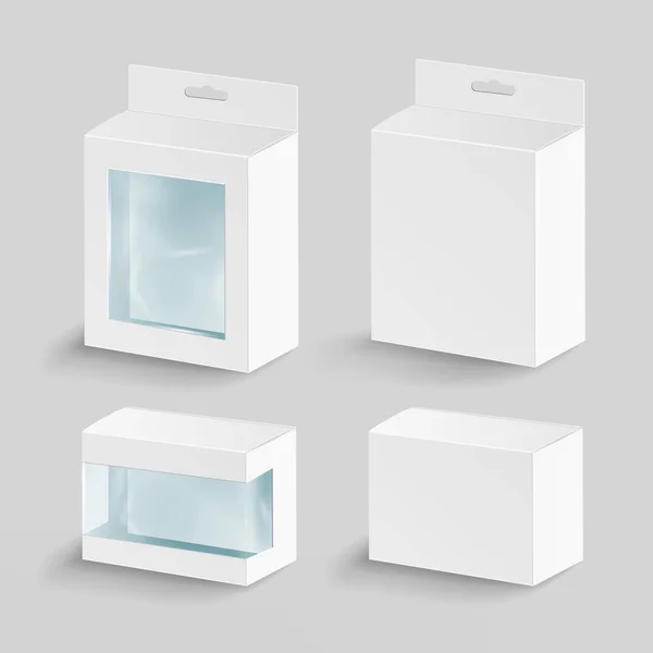 Vector rectángulo blanco de cartón en blanco. Embalaje de cajas vacías para productos con ventana de plástico. Mock Up Close Up aislado sobre fondo blanco — Vector de stock
