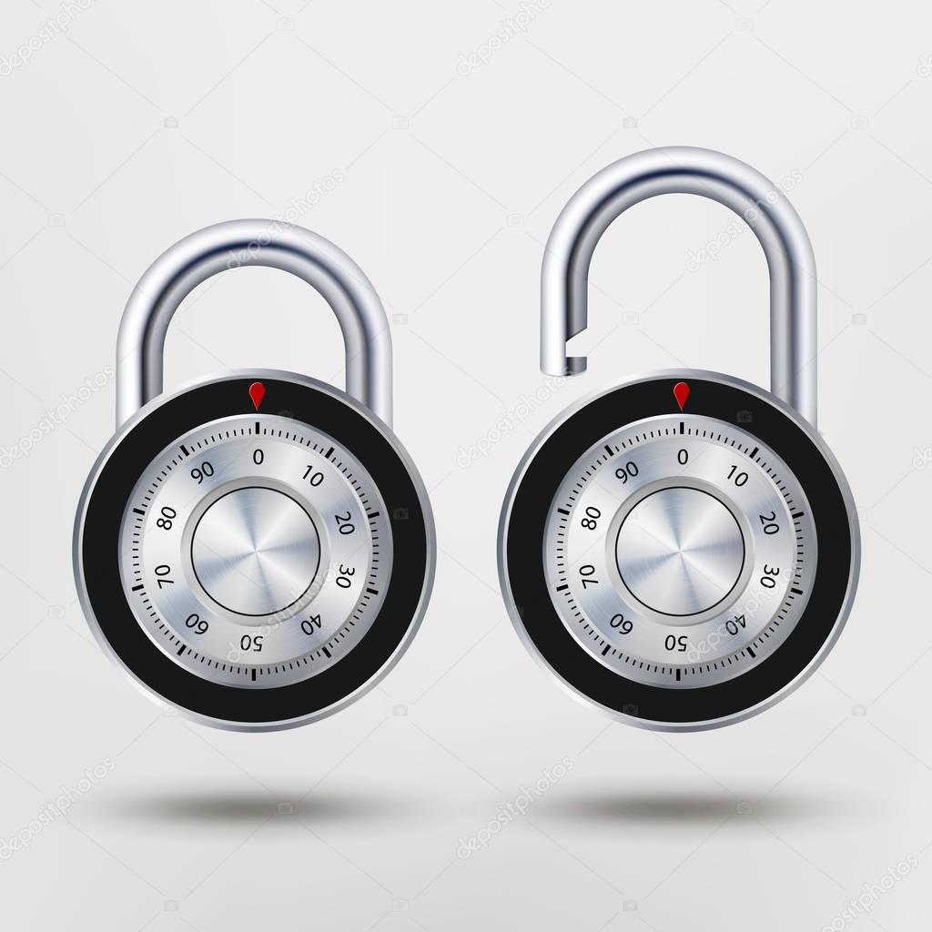 Combination Padlock, Realistic Metal Vector Illustration. For Safety Illustration. Security Concept. Metal Steel Lock For Safety And Privacy. Protection Concept