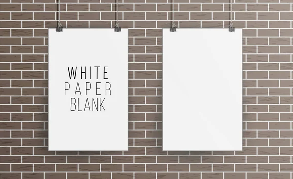 White Blank Paper Wall Poster Mock up Template Vector. Realistic Illustration. Picture Frame On Brick Wall. Front View