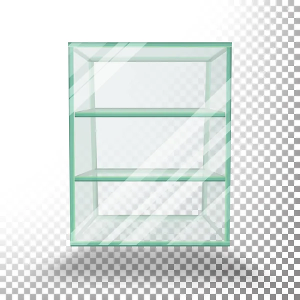 Порожня Прозора скляна коробка Векторний куб. 3D реалістична скляна вітрина з полицями . — стоковий вектор
