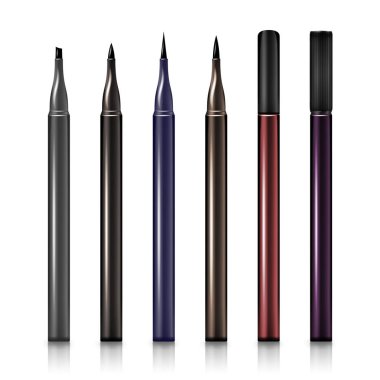 Kozmetik makyaj göz kalemi kalem vektör ayarlayın. Modern makyaj olmadan beyaz arka plan üzerinde izole kap ile gerçekçi kalemler