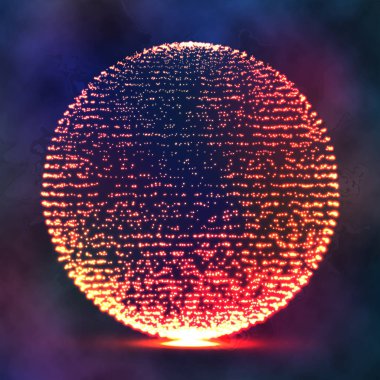 Bozuk noktası küre. Kaos estetik. Splash parçacıklar. Bağlantı yapısı. Dijital arka plan, vektör çizim.