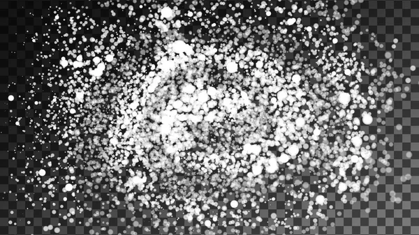 Sfondo neve Splash. Illustrazione vettoriale innevata invernale. Caduta Natale fiocco di neve bianco su sfondo a scacchi trasparente — Vettoriale Stock