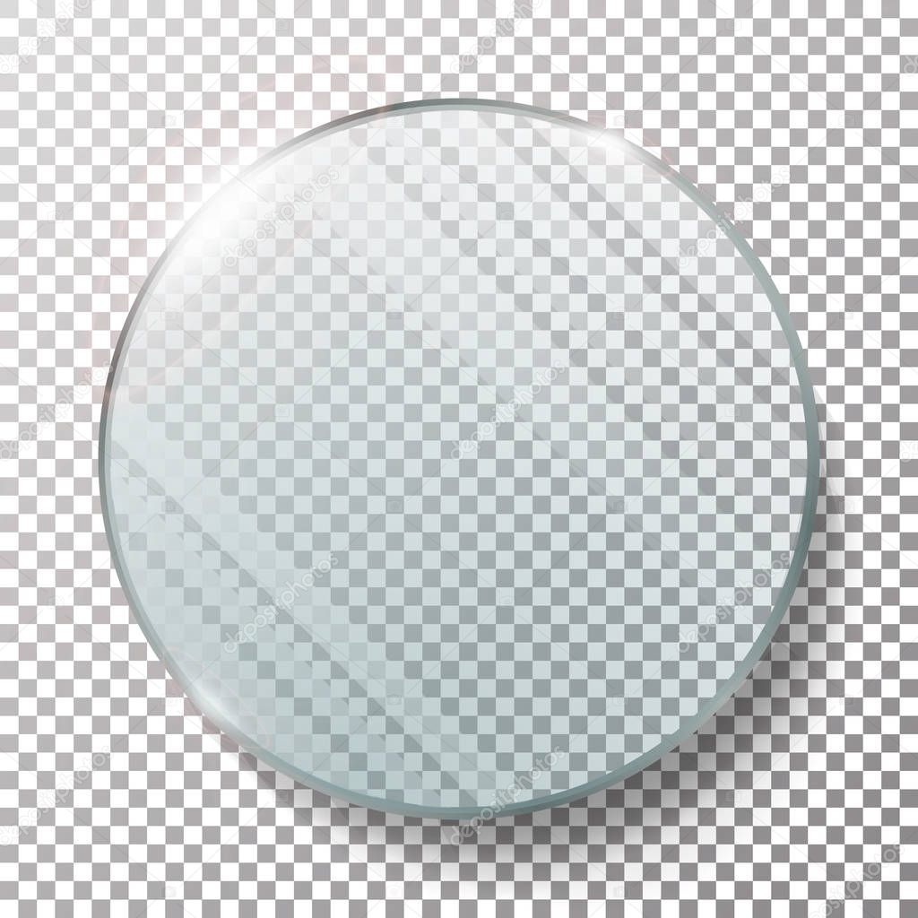 Transparent Round Circle Vector Realistic Illustration. Glass Plate Mock Up Or Plastic Banner. Isolated On Checkered Background. With Reflection And Shadow. Photo Realistic