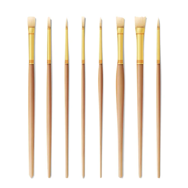 Realistic Artist Paintbrushes Set. Paint Brush Set Isolated On White Background. Vector Collection For Artist Design. Watercolor, Acrilic Or Oil Brushes With Light Wooden Handle — Stock Vector