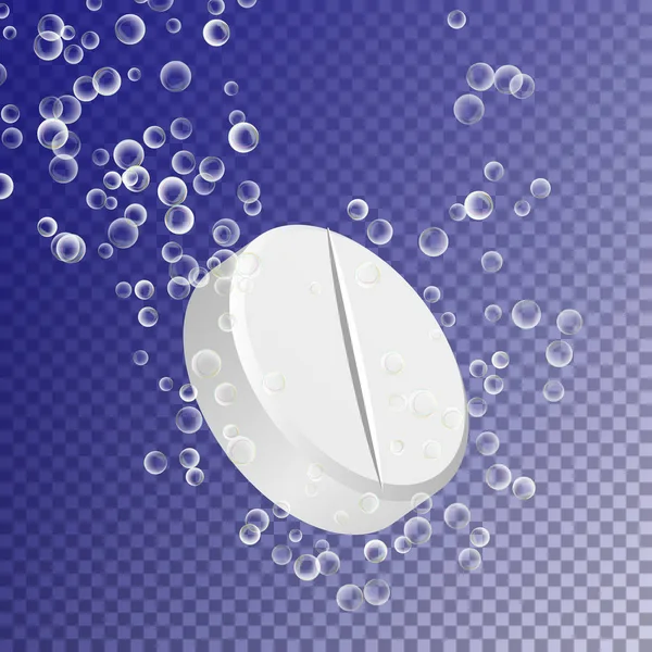 Pilule de comprimé soluble effervescent. Sentiers de bulles d'eau gazeuses. Vitamine C ou acide acétylsalicylique aspirine pilule tombant dans l'eau sur fond transparent. Illustration 3D réaliste — Image vectorielle