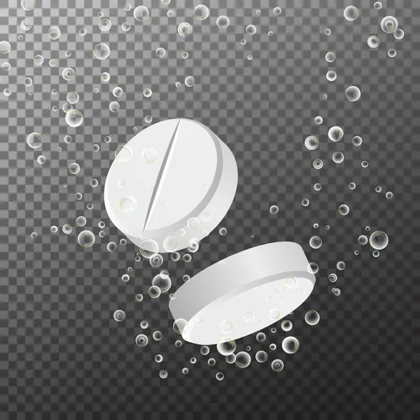 Oplosbare Drug met koolzuurhoudende geïsoleerd op geruite achtergrond. Vectorillustratie. Vitamin In Water gashoudende, drie ontbinding tabletten. 3D-realistische afbeelding — Stockvector