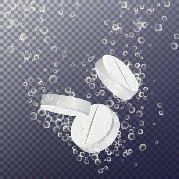 Medicina efervescente. Fizzy Tablet Disolución. Píldora redonda blanca cayendo en el agua con burbujas. Fondo transparente. Ilustración realista 3D — Vector de stock