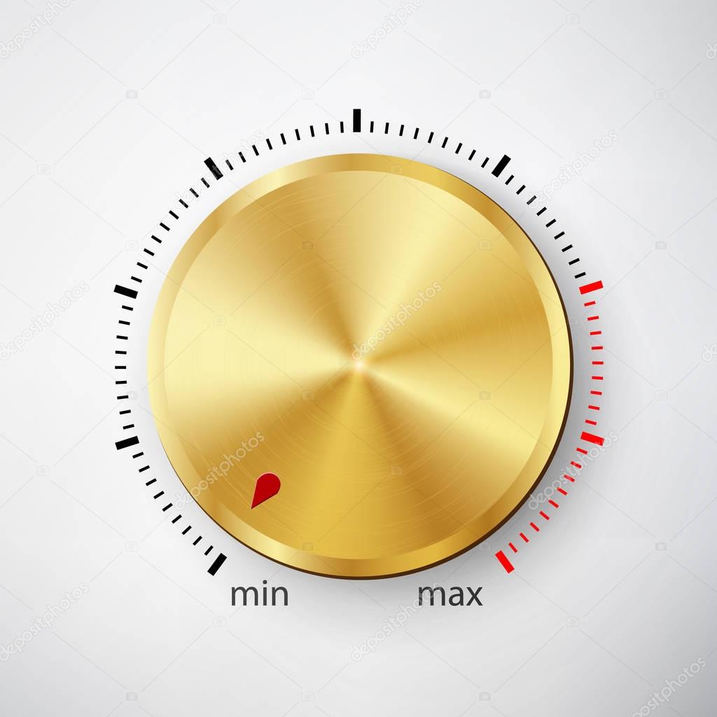 Dial Knob. Global Swatches. Realistic Gold Button With Circular Processing. Technology Button Template. Volume Knob. Metal Texture For Web, Interfaces, UI, Applications, Apps. Vector Illustration.