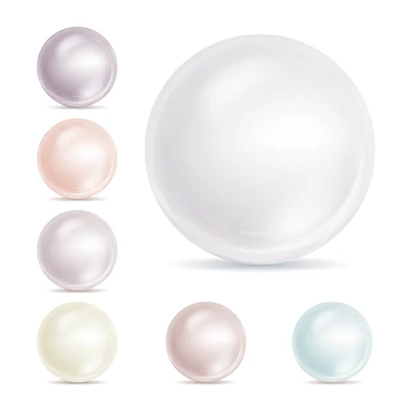 Pérolas Realistas Vetor Isolado. Set 3d brilhante Oyster Pearl Ball para acessórios de luxo. Esfera brilhante mar pérola ilustração — Vetor de Stock